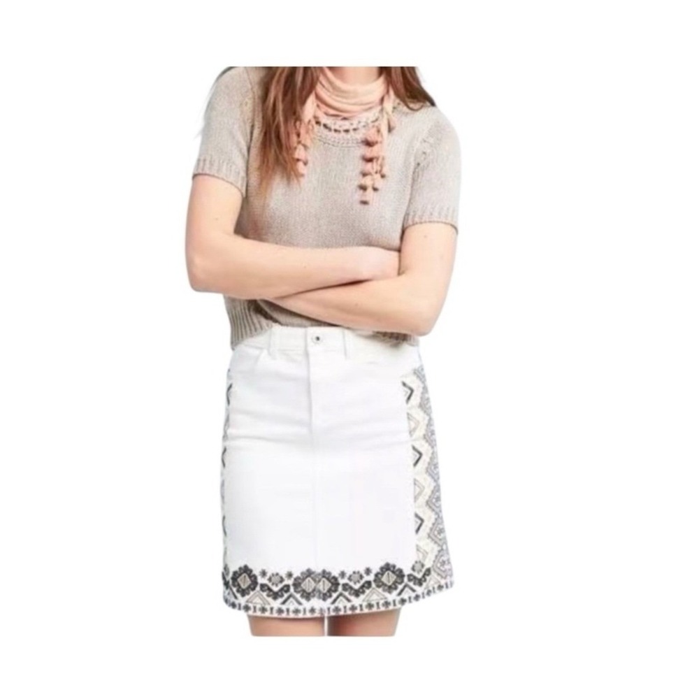 Pilcro and the Letterpress Anthropologie Skirt White Embroidered Denim Mini 8